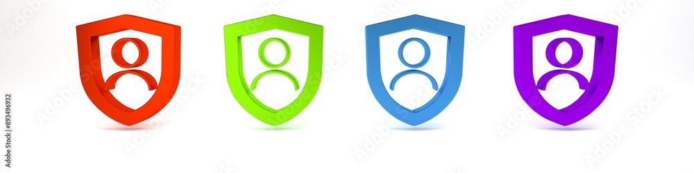 Colorful Life insurance with shield icon isolated on white background. Security, safety, protection, protect concept. Minimalism concept. 3D render illustration Colorful Life insurance with shield icon isolated on white background. Security, safety, protection, protect concept. Minimalism concept. 3D render illustration