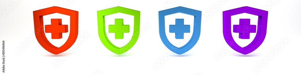 Obraz premium Colorful Life insurance with shield icon isolated on white background. Security, safety, protection, protect concept. Minimalism concept. 3D render illustration