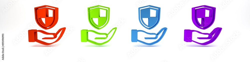 Colorful Shield in hand icon isolated on white background. Insurance concept. Guard sign. Security, safety, protection, privacy concept. Minimalism concept. 3D render illustration Colorful Shield in hand icon isolated on white background. Insurance concept. Guard sign. Security, safety, protection, privacy concept. Minimalism concept. 3D render illustration