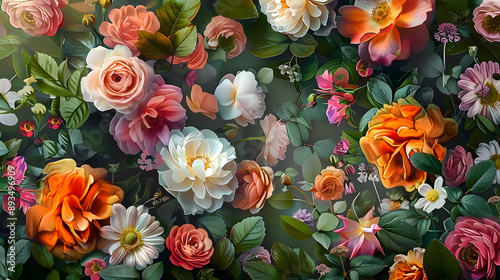 A stereoscopic illustration of a stylish floral seamless rapport summer flowers with foliage. An ideal decor and design print. Hover over to see a larger image.