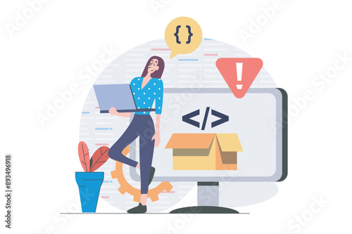 Development and programming concept in modern flat design for web. Woman developer creating software product at laptop, testing program accessibility and making optimization. Vector illustration.