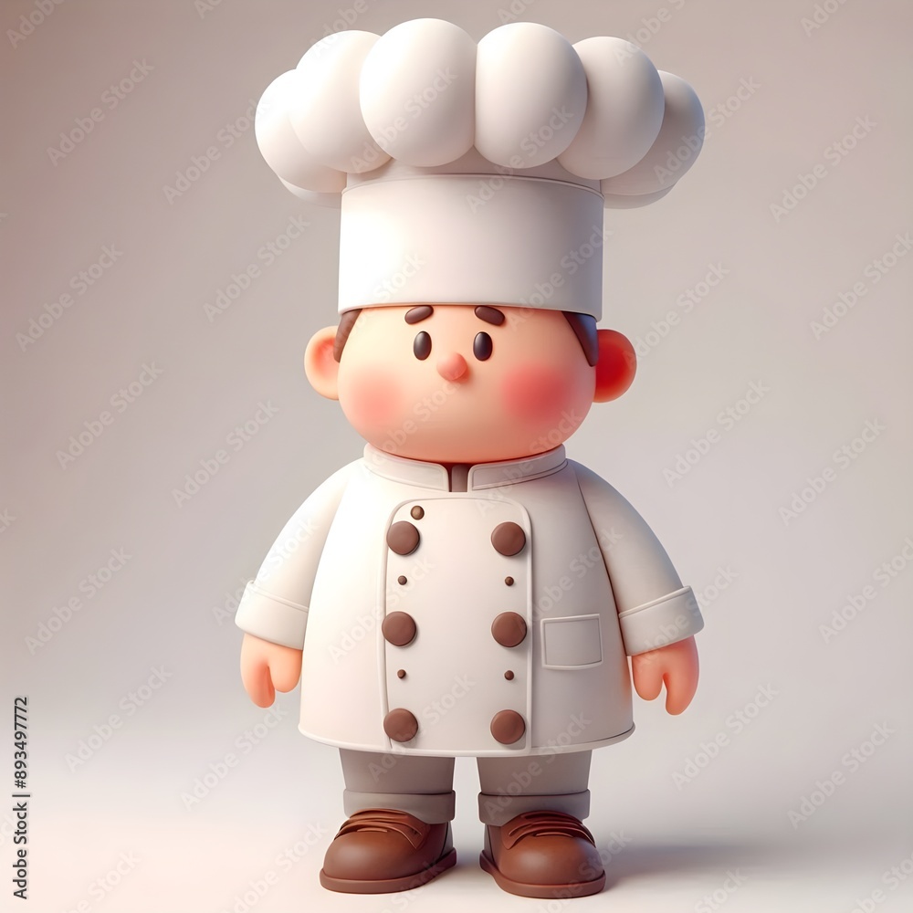 A 3D cartoon character dressed as a chef wearing an oversized chef’s hat and a white double-breasted jacket A 3D cartoon character dressed as a chef wearing an oversized chef’s hat and a white double-breasted jacket