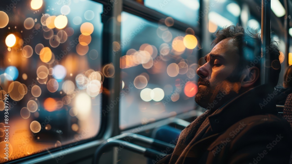 Fototapeta premium A close-up photograph of a person sitting on a bus, thoughtful expression, headphones on, casual clothing