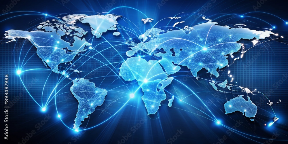 Fototapeta premium Global Network Connections - World Map with Blue Lines and Glowing Dots