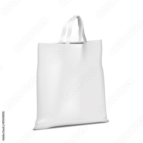 Reusable shopping bag with handles. 3d mockup. White grocery tote bag. Realistic vector mock-up. Large cotton fabric shopper. Template for design