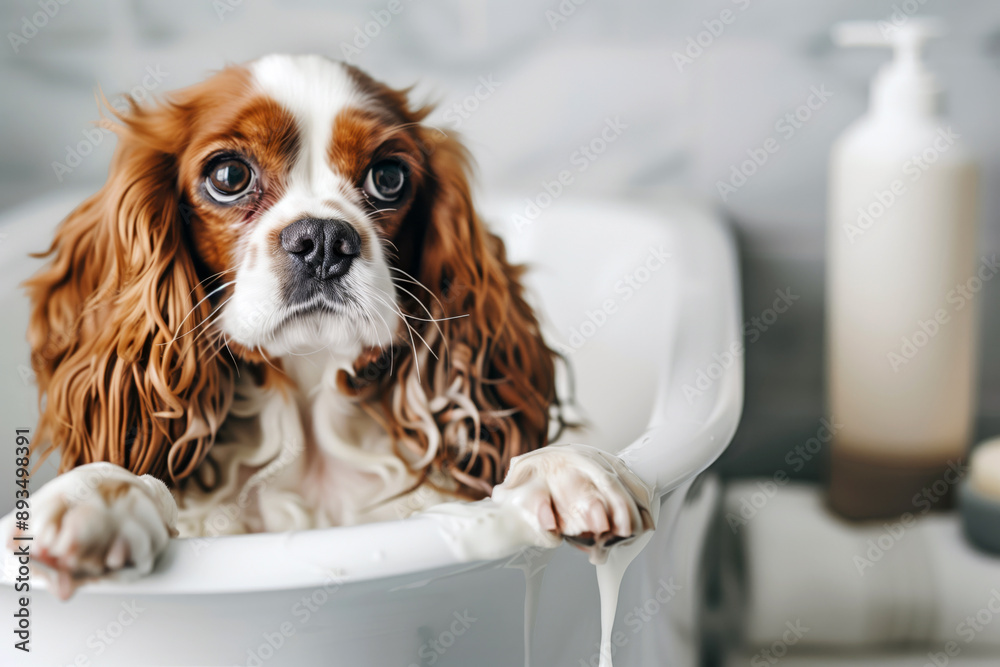 A Cavalier King Charles Spaniel in a bathtub, ready for a bath with shampoo in the background A Cavalier King Charles Spaniel in a bathtub, ready for a bath with shampoo in the background