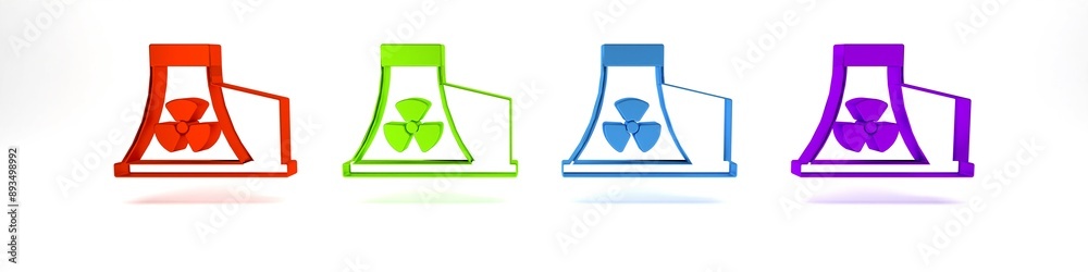 Colorful Nuclear power plant icon isolated on white background. Energy industrial concept. Minimalism concept. 3D render illustration Colorful Nuclear power plant icon isolated on white background. Energy industrial concept. Minimalism concept. 3D render illustration