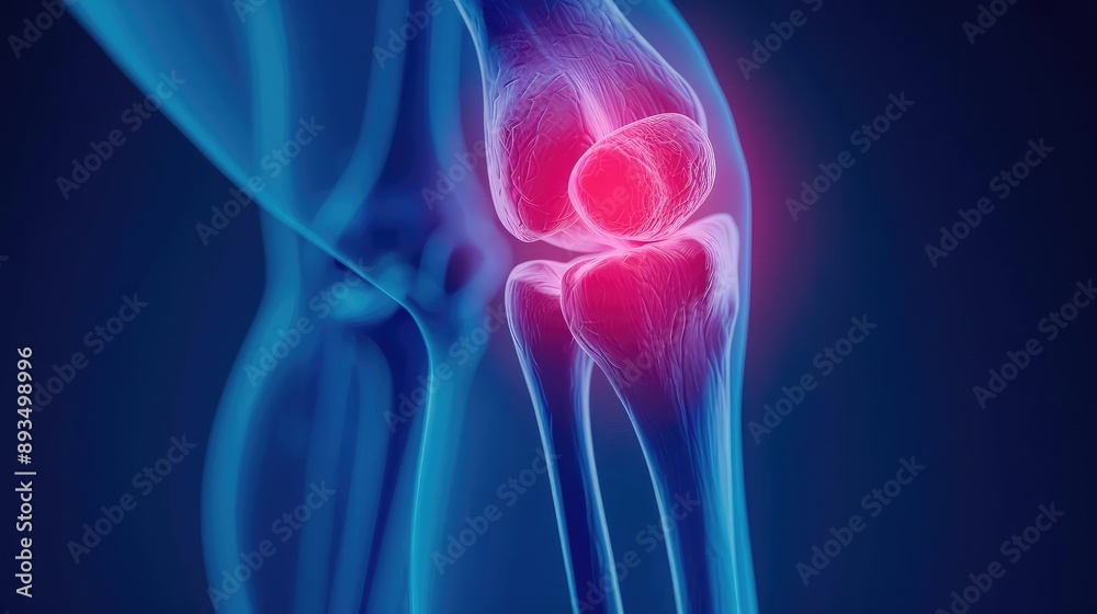 Detailed illustration of sharp swelling in knee joint, rheumatoid arthritis symptoms, medical concept, realistic anatomy, inflammation depiction Detailed illustration of sharp swelling in knee joint, rheumatoid arthritis symptoms, medical concept, realistic anatomy, inflammation depiction