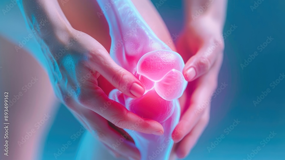 Realistic depiction of knee joint swelling due to gout, highlighting redness and metabolic imbalance, medical illustration of severe pain Realistic depiction of knee joint swelling due to gout, highlighting redness and metabolic imbalance, medical illustration of severe pain