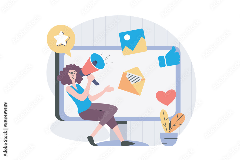 Digital marketing concept in modern flat design for web. Woman with megaphone making announcement and promotion for audience, making social media advertisement and email mailing. Vector illustration. Digital marketing concept in modern flat design for web. Woman with megaphone making announcement and promotion for audience, making social media advertisement and email mailing. Vector illustration.
