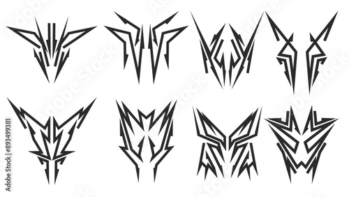 collection of tribal shapes with a stiff touch. Set of Symmetrical Tribal Pattern Cyber ​​Gothic Elements in Abstract White black Print for t-shirt, hoodie and sweatshirt or card, poster