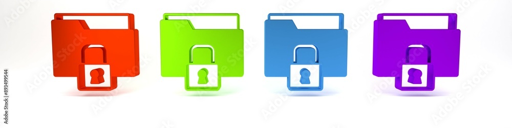 Colorful Folder and lock icon isolated on white background. Closed folder and padlock. Security, safety, protection concept. Minimalism concept. 3D render illustration Colorful Folder and lock icon isolated on white background. Closed folder and padlock. Security, safety, protection concept. Minimalism concept. 3D render illustration