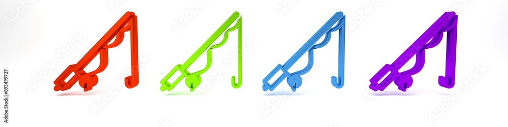 Colorful Fishing rod icon isolated on white background. Catch a big fish. Fishing equipment and fish farming topics. Minimalism concept. 3D render illustration Colorful Fishing rod icon isolated on white background. Catch a big fish. Fishing equipment and fish farming topics. Minimalism concept. 3D render illustration