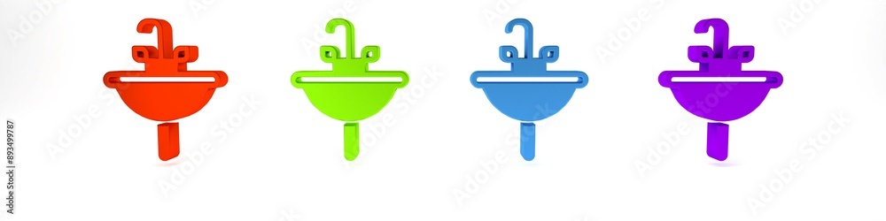 Colorful Washbasin with water tap icon isolated on white background. Minimalism concept. 3D render illustration Colorful Washbasin with water tap icon isolated on white background. Minimalism concept. 3D render illustration