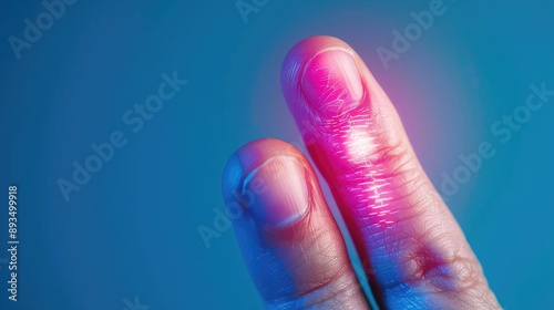 Finger with visible inflammation and blush tint due to gout, realistic medical depiction, pain and swelling photo