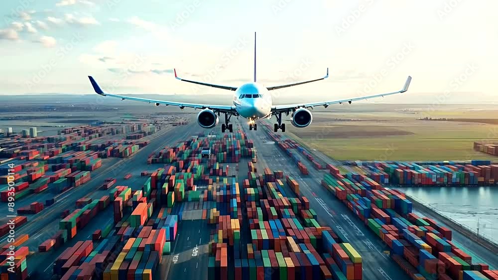 Airplane soaring over a stack of vibrant cargo containers. Freight and ...
