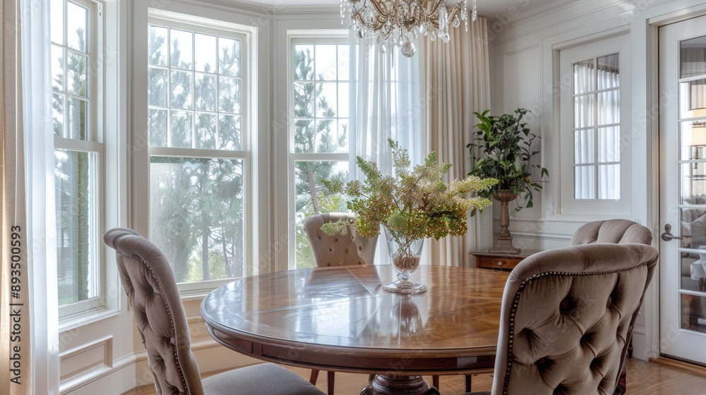 Obraz premium An elegant transitional dining space with a round wooden table