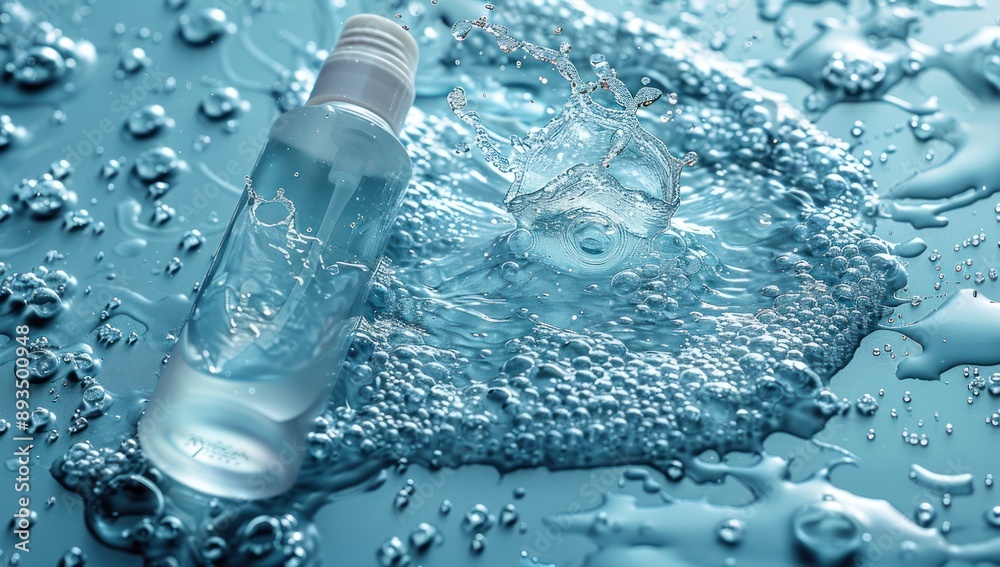 Water Drop Splash on Blue Surface with Bottle