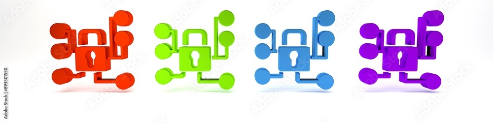 Colorful Cyber security icon isolated on white background. Closed padlock on digital circuit board. Safety concept. Digital data protection. Minimalism concept. 3D render illustration
