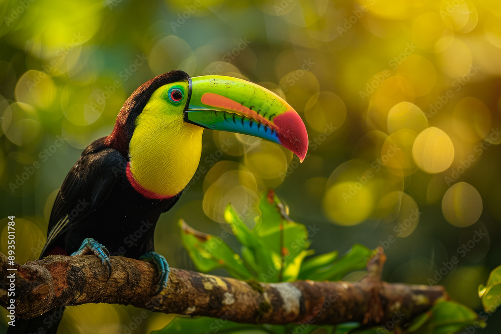 Obraz premium Green toucan on the tree branch. Tropic wildlife