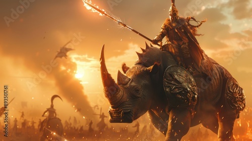 An epic scene of a warrior on a massive armored rhino, the warrior holding a glowing spear, the rhino's armor gleaming under the sun, battlefield filled with clashing armies and sm