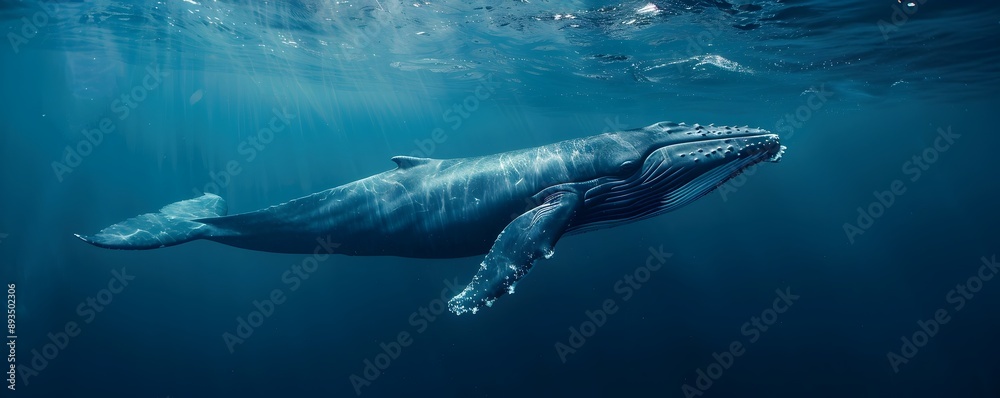 Fototapeta premium Majestic Blue Whale Swimming Through the Deep Ocean with Serene Beauty