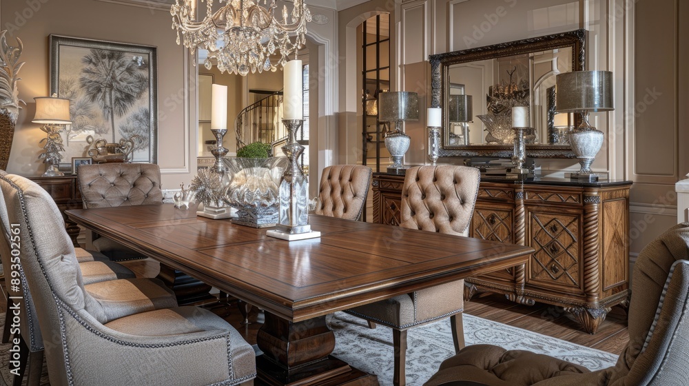 An elegant transitional formal dining room with a large wooden dining table An elegant transitional formal dining room with a large wooden dining table