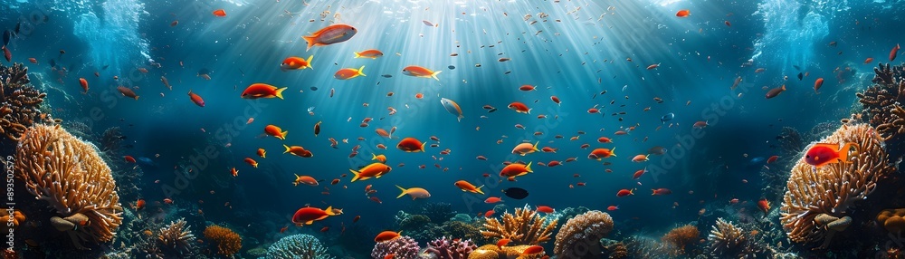 Fototapeta premium Vibrant Coral Reef with Schools of Tropical Fish in the Underwater Landscape
