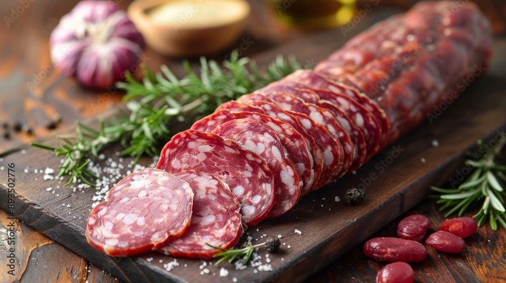 A Rustic Spread of Italian Salami Slices With Rosemary and Red Beans. Generative AI