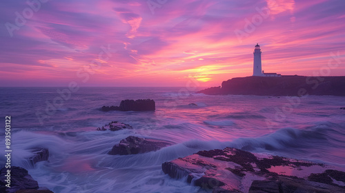 view godrevy lighthouse sunset sea pinks
 photo