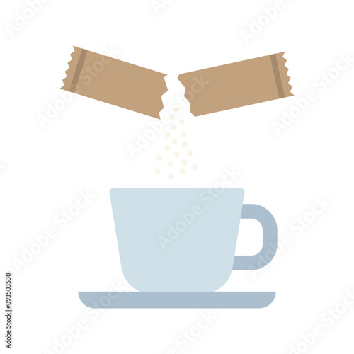 Pouring sugar in the cup, coffee or tea. Sachet packet soluble powder. Open paper pack stick with medication or food sugar.
