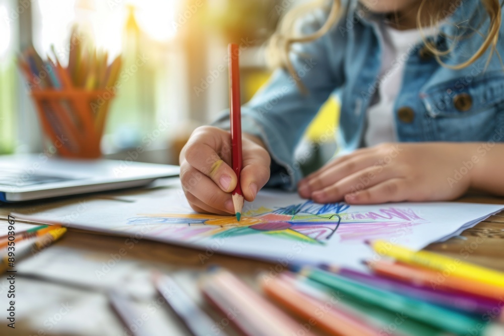 Child Drawing with Colorful Pencils Close-Up Child Drawing with Colorful Pencils Close-Up