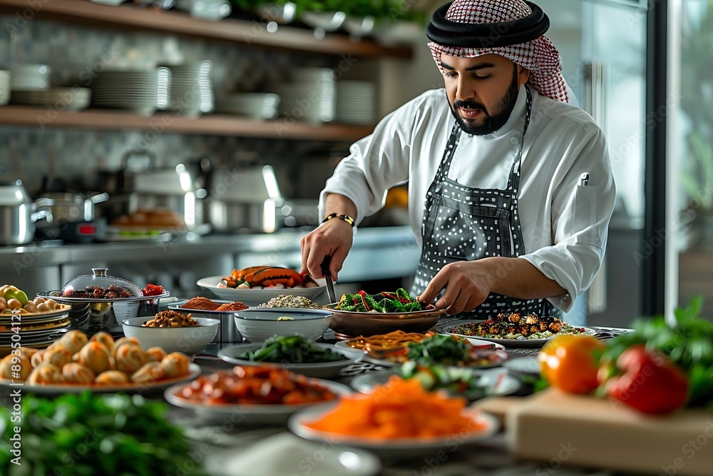 A Middle Eastern Chef Preparing a Feast, Realistic Image