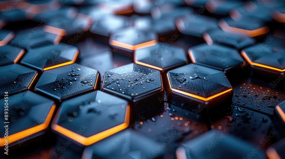 Close-up of hexagonal glowing tiles with water droplets, showcasing futuristic technology and modern design elements. Close-up of hexagonal glowing tiles with water droplets, showcasing futuristic technology and modern design elements.