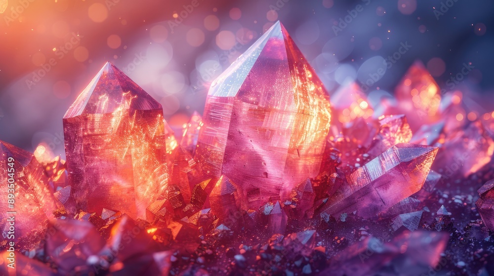 Obraz premium Close-up of vibrant amethyst crystals illuminated with soft light, showcasing the beauty and details of natural crystal formations.