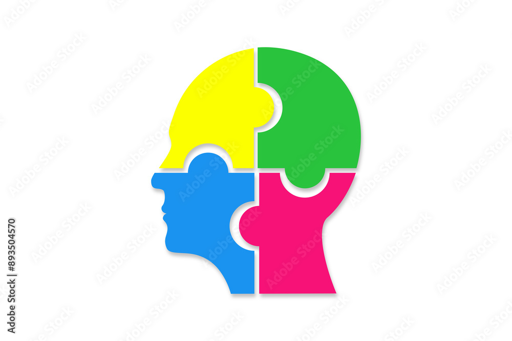 Head made of colorful jigsaw puzzle four pieces on white background Head made of colorful jigsaw puzzle four pieces on white background