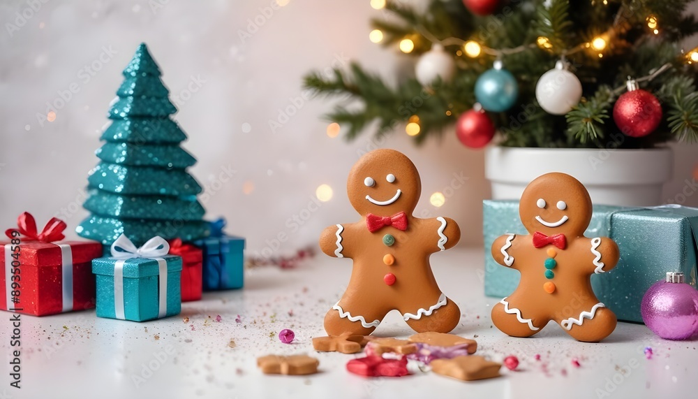 Smiling gingerbread men cookies with a red bow tie, sitting in front of a Christmas tree with ornaments and presents Smiling gingerbread men cookies with a red bow tie, sitting in front of a Christmas tree with ornaments and presents