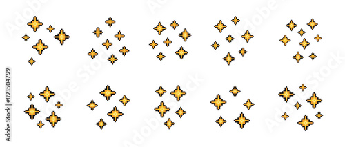 Sparkling stars pixel art. Shiny pixel art stars set. 8-bit sparkles. Glitter Stars, Pixelated Art