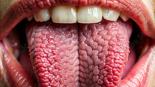 Macro shot of a tongue's papillae and taste buds, highlighting the complex sensory system that enables humans to perceive and distinguish various flavors and textures. photo