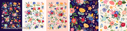Beautiful flower collection of posters and seamless patterns with roses, leaves, floral bouquets, flower compositions. Notebook covers