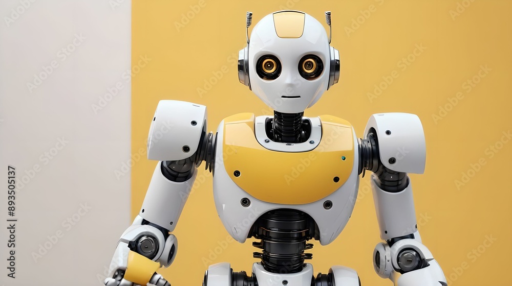 Robot on a yellow background. Lots of white space, empty space. cartoon Robot on a yellow background. Lots of white space, empty space. cartoon