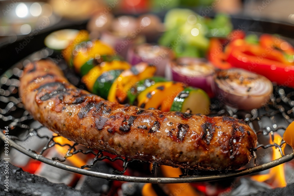 Juicy sausage sizzling on a grill with vibrant grilled vegetables, perfect for a summertime barbeque – Concept of delicious cookout and family gatherings Juicy sausage sizzling on a grill with vibrant grilled vegetables, perfect for a summertime barbeque – Concept of delicious cookout and family gatherings