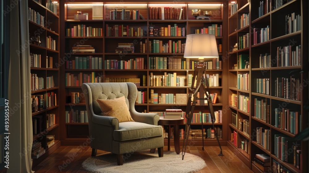 An inviting transitional reading nook with a comfortable armchair An inviting transitional reading nook with a comfortable armchair