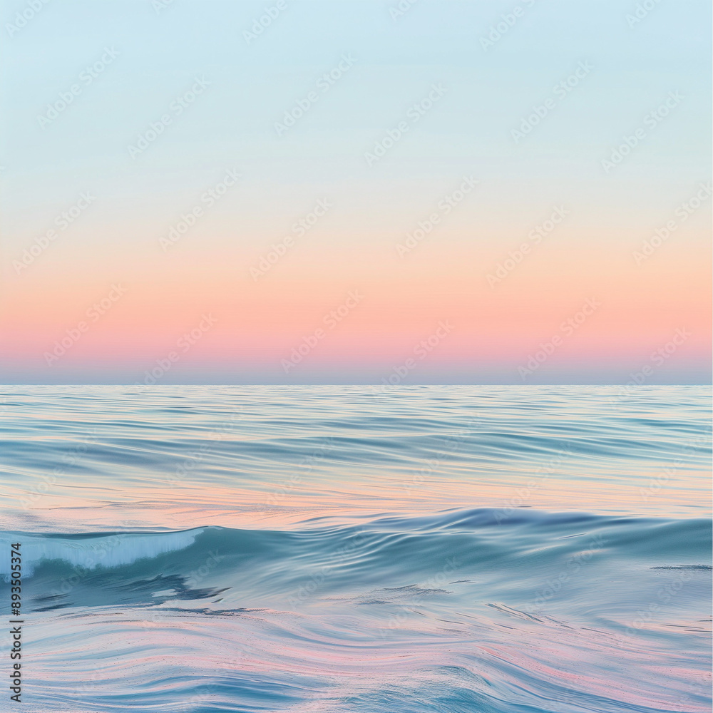 Obraz premium A serene sunset over a calm ocean, pastel colors, gentle waves, beach