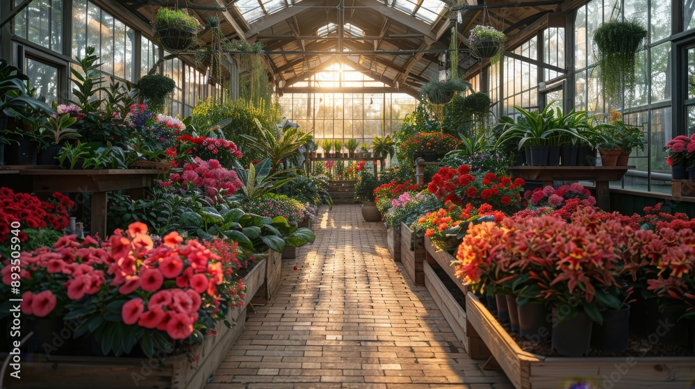 Lush greenhouse interior with arrays of blooming plants at golden hour, Concept of plant nursery, growth, and eco-friendly environment