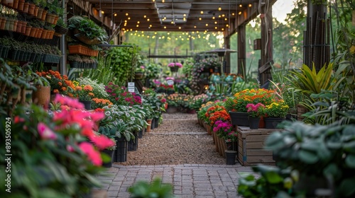 Serene garden center aisle with hanging plants and flowerbeds, illuminated by string lights, Concept of green spaces and plant nursery aesthetics