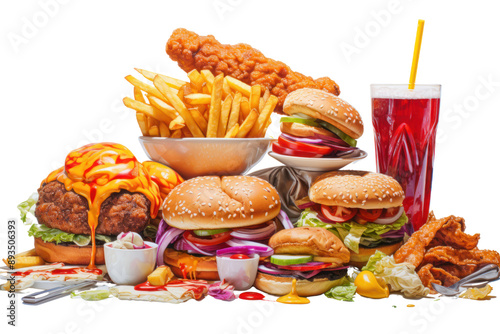 vibrant and colorful still life of a variety of junk food items, including a burger, fries, pizza, chicken wings, donuts, and ice cream, arranged on a white background photo