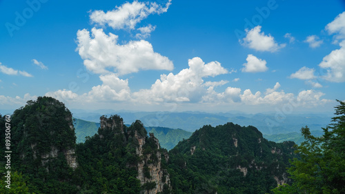 Zhangjiajie national forest park, China, Glass bridge of Zhangjiajie China Tianzishan with blue sky, concept of world heritage, avatar, heritage peak or cliff mountain, tourist attraction famous place
