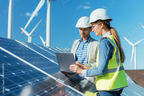 Engineers are inspecting solar panels wind turbines for renewable energy, wearing hard hats, using laptops, prioritizing safety. They focus on green energy employ modern technology on site