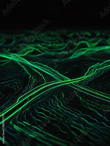 Digital tech background featuring vivid green neon wavy lines photo